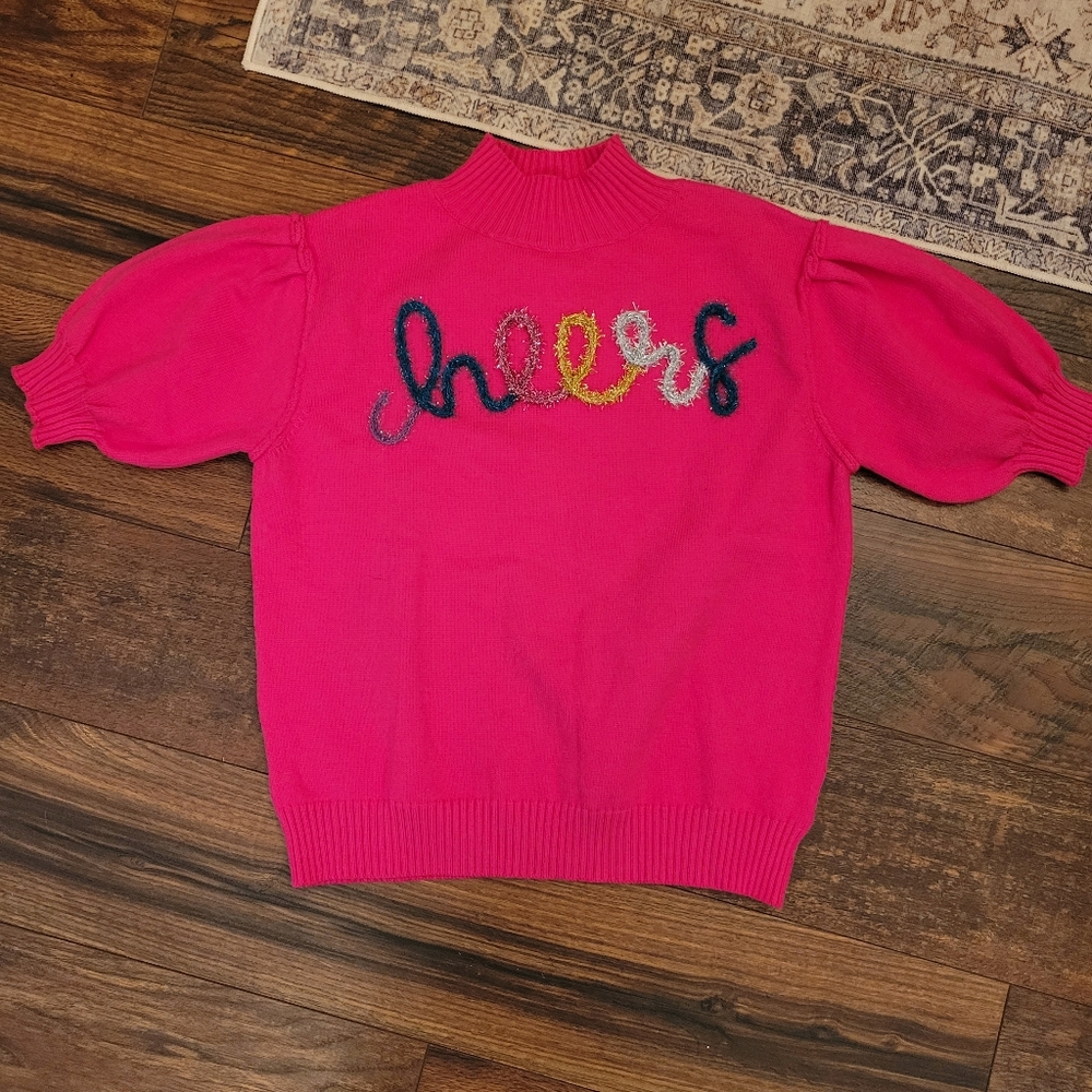 Pink Sweater with Cheer Embroidery